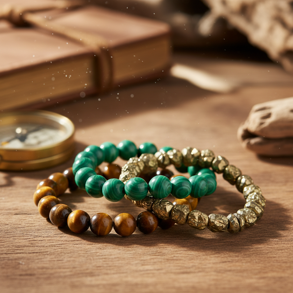 Tiger's Eye, Malachite and Pyrite crystal bracelet bundle on warm wooden surface