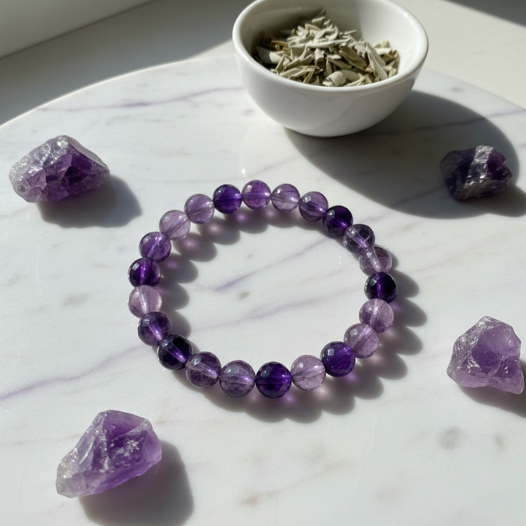 Amethyst crystal bead purification bracelet on marble surface
